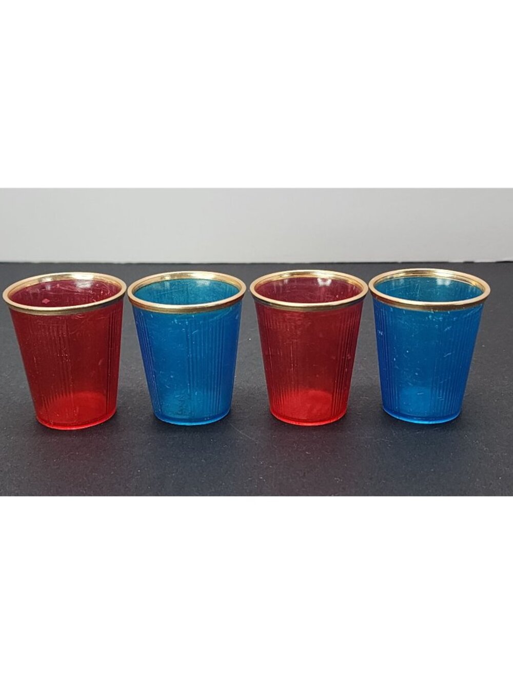 Vintage KK Plastic Shot Glasses Retro Red and Blue Made in Hong Kong - Lot of 4